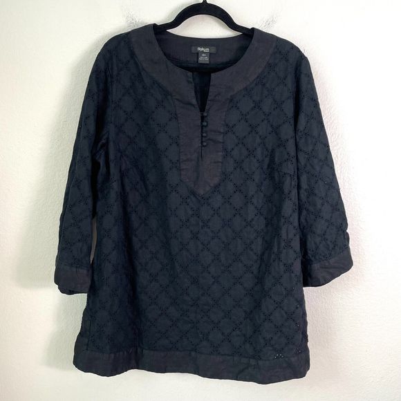 Style & Co Womens Plus 18W Black Eyelet 100% Linen Tunic Top Long Sleeve Shirt - Picture 1 of 8